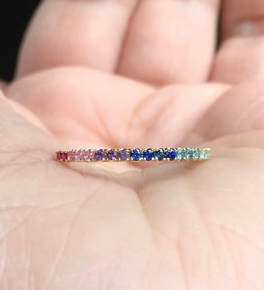 Rainbow Pave Band/ 1.5mm Multicolor Pave Half Eternity Ring/ Colorful Gemstone Stacking Ring/ Rainbow Wedding Band/ Anniversary Stack Ring