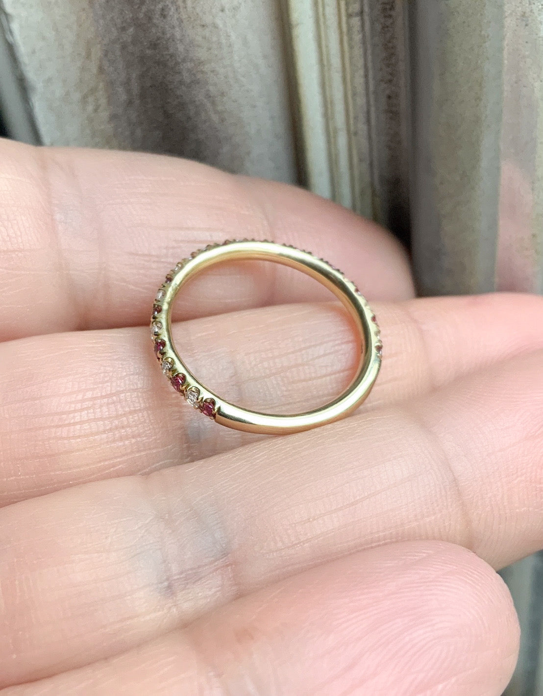 Rhodolite Garnet Diamond Alternating Band/ 2mm 3/4 Eternity Pave Stacking Ring/ Pink Garnet & Diamond 2 Birthstone Wedding Band/ Platinum or Solid Gold October Ring