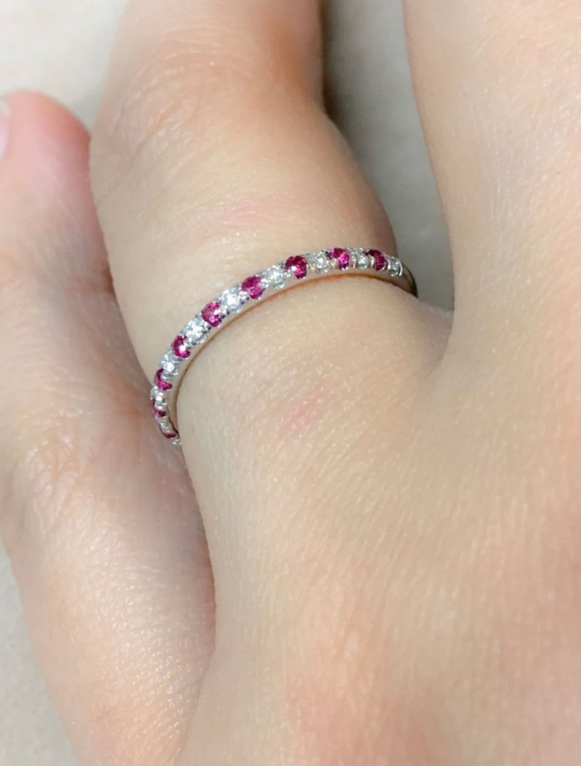 Alternating Ruby Diamond Band/ Platinum 1.5mm Pave Half Eternity Ring/ Diamond Ruby Wedding Guard Ring/ Anniversary Ring/ July April Birthstone Stack