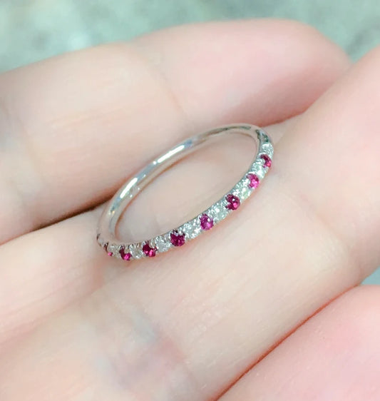 Alternating Ruby Diamond Band/ Platinum 1.5mm Pave Half Eternity Ring/ Diamond Ruby Wedding Guard Ring/ Anniversary Ring/ July April Birthstone Stack