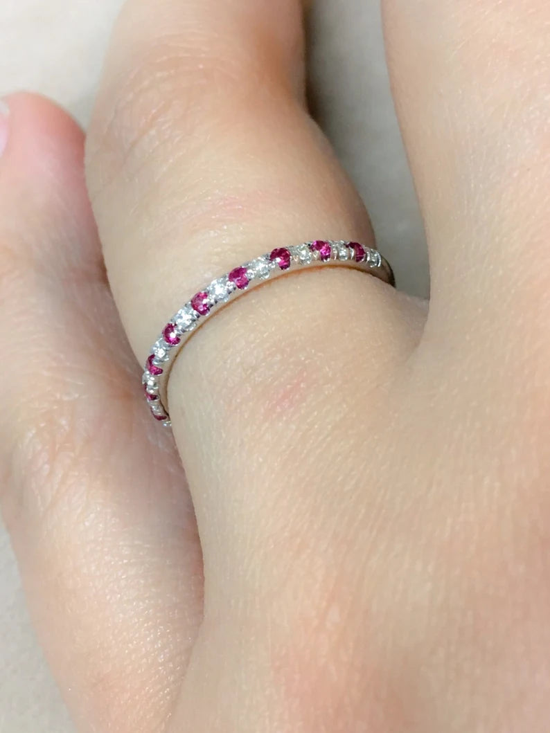 Alternating Ruby Diamond Band/ Platinum 1.5mm Pave Half Eternity Ring/ Diamond Ruby Wedding Guard Ring/ Anniversary Ring/ July April Birthstone Stack