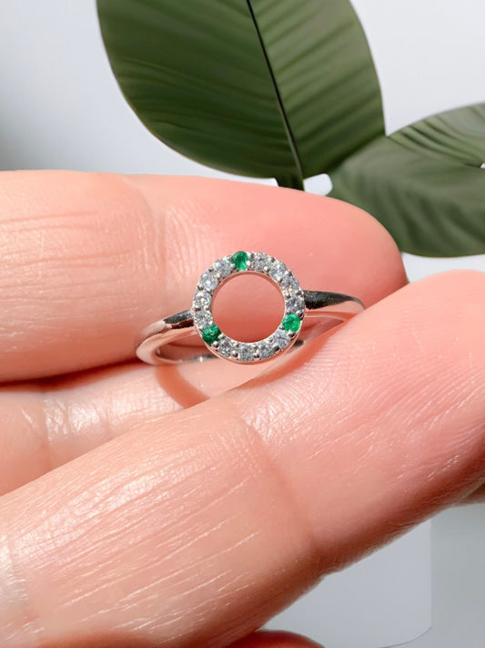 Open Circle Ring/ Diamond Circle of Life Ring with 3 Emerald Birthstones/ Family Eternity Ring/ Dainty Geometric Ring/ Minimalist Karma Ring