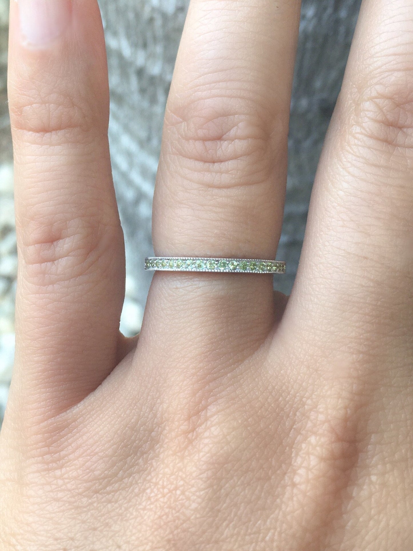 Reserved Listing for Platinum Full Eternity Peridot Band/ Channel Pave, 2mm, Milgrain