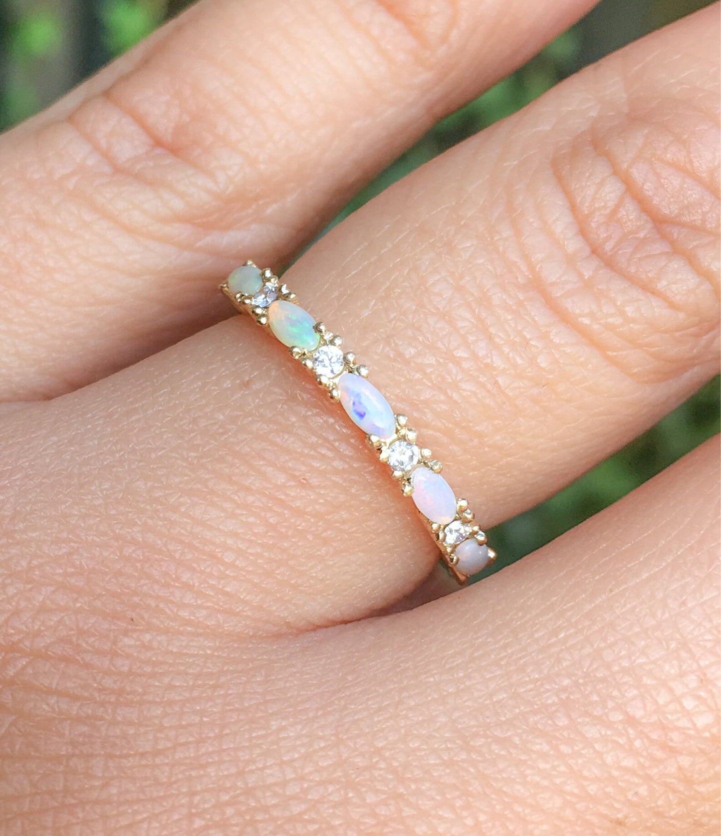 Opal Diamond Band/ Unique Opal Stacking Ring/ Prong Set Alternating Opal Diamond Wedding Band/ Vintage Looking Opal Diamond Ring/ October Birthstone Ring/ 10K 14K 18K or Platinum