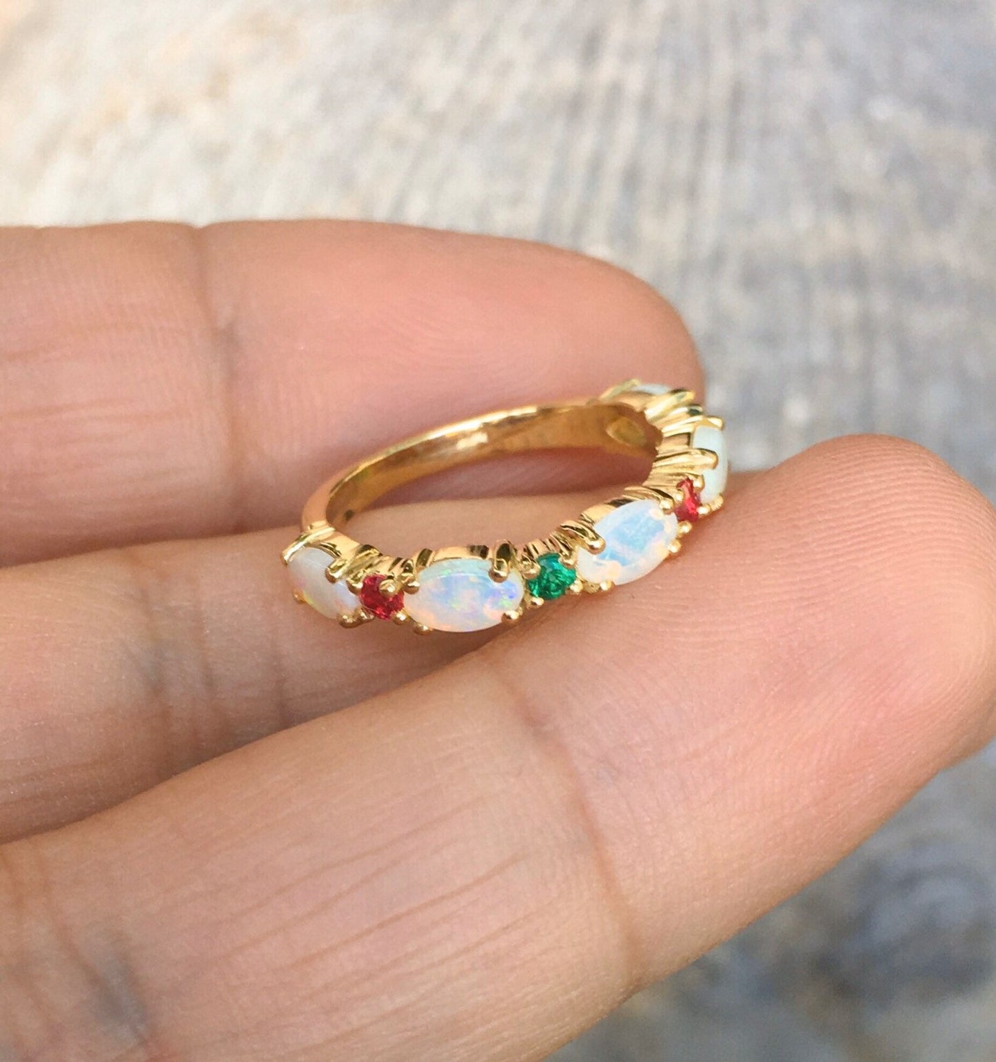 Oval Opal Ring with Emeralds and Rubies/ Alternating Opal Birthstone Stacking Ring/ Unique Opal Wedding Anniversary Ring/ Mothers Ring/ Holiday Fine Jewelry Gift
