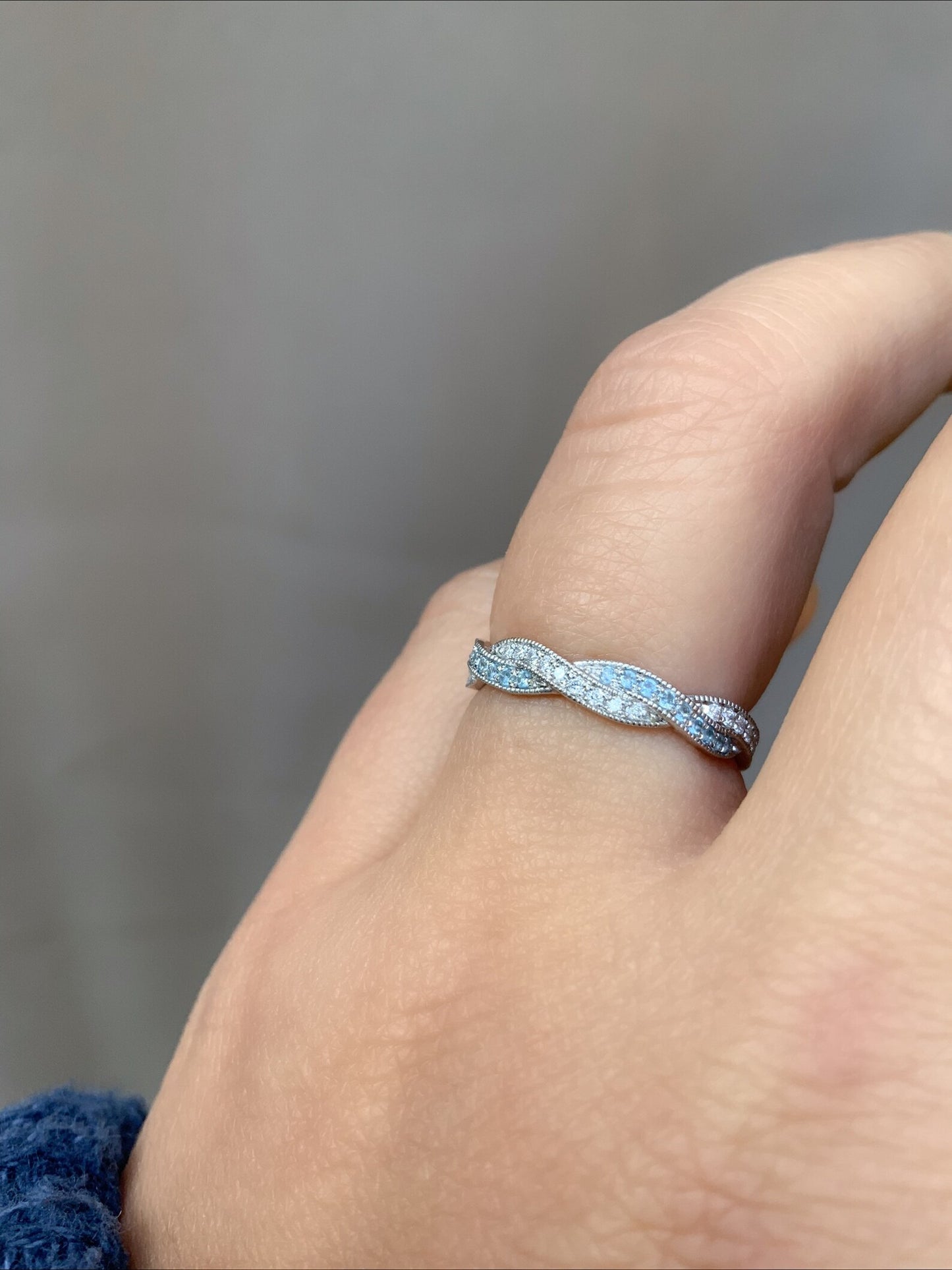 Twisted Diamond Aquamarine Ring/ 3.6mm Milgrain Pave Full Eternity Twist Ring/ Diamond Aquamarine Intertwined Wedding Band/ Gold or Platinum