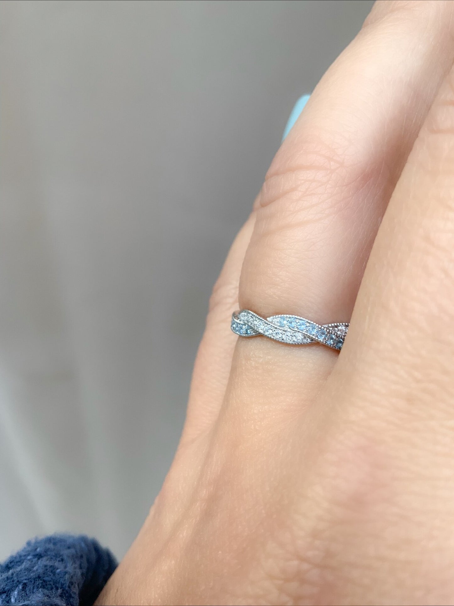 Twisted Diamond Aquamarine Ring/ 3.6mm Milgrain Pave Full Eternity Twist Ring/ Diamond Aquamarine Intertwined Wedding Band/ Gold or Platinum