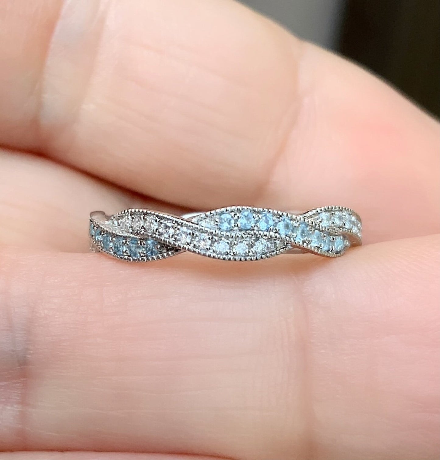 Twisted Diamond Aquamarine Ring/ 3.6mm Milgrain Pave Full Eternity Twist Ring/ Diamond Aquamarine Intertwined Wedding Band/ Gold or Platinum