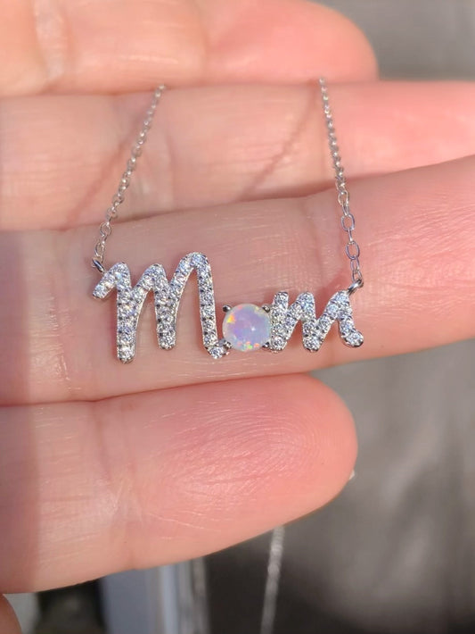 14K Mom Word Necklace/ Pave Diamond Mom Layering Necklace with Opal/ Personalized Mom Necklace with Birthstone/ Mother's Day Gift