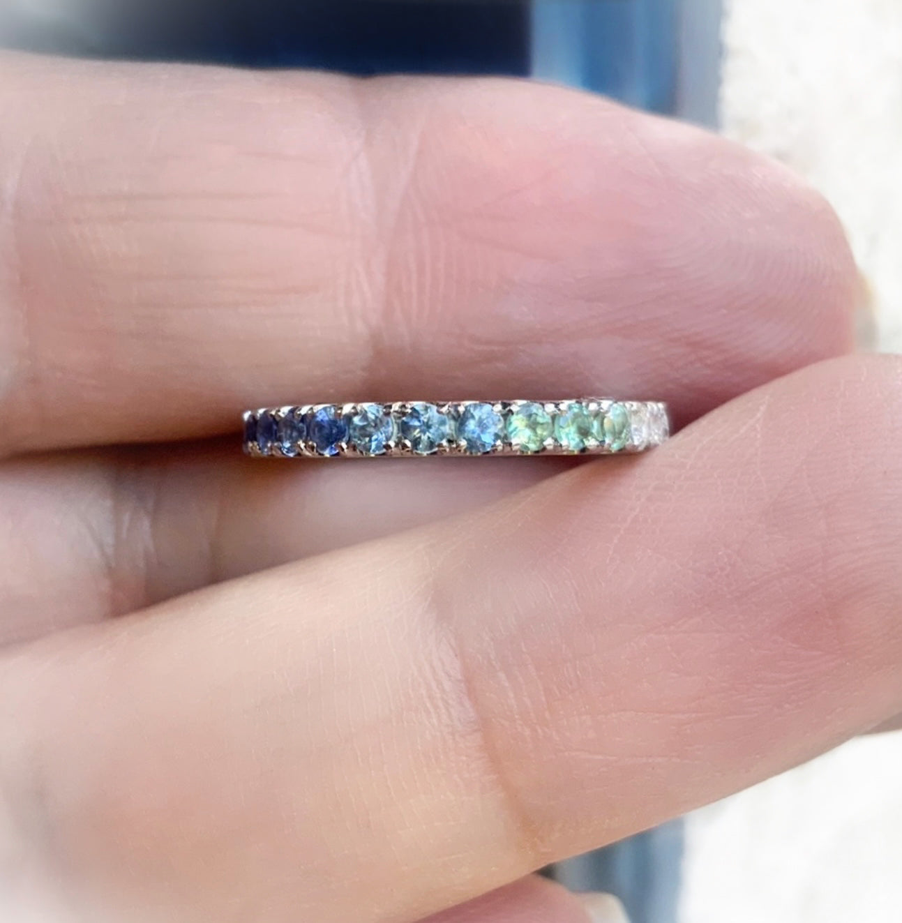 Gradient Blue Green Pave Ring/ Coastal Ombre Beach Wedding Band/ 2.3mm Half Eternity/ Mermaid Colors Diamond Alexandrite Aquamarine Sapphire