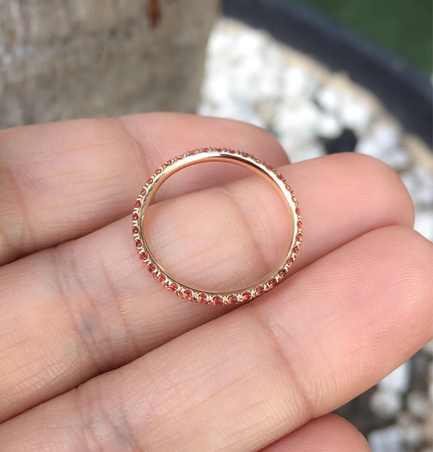 Reserved Listing for Samira/ Two 18K Full Eternity Rings - 2.3mm U-Prong Set White Sapphire Band and 2mm Pave Set Padparadscha Sapphire  Band
