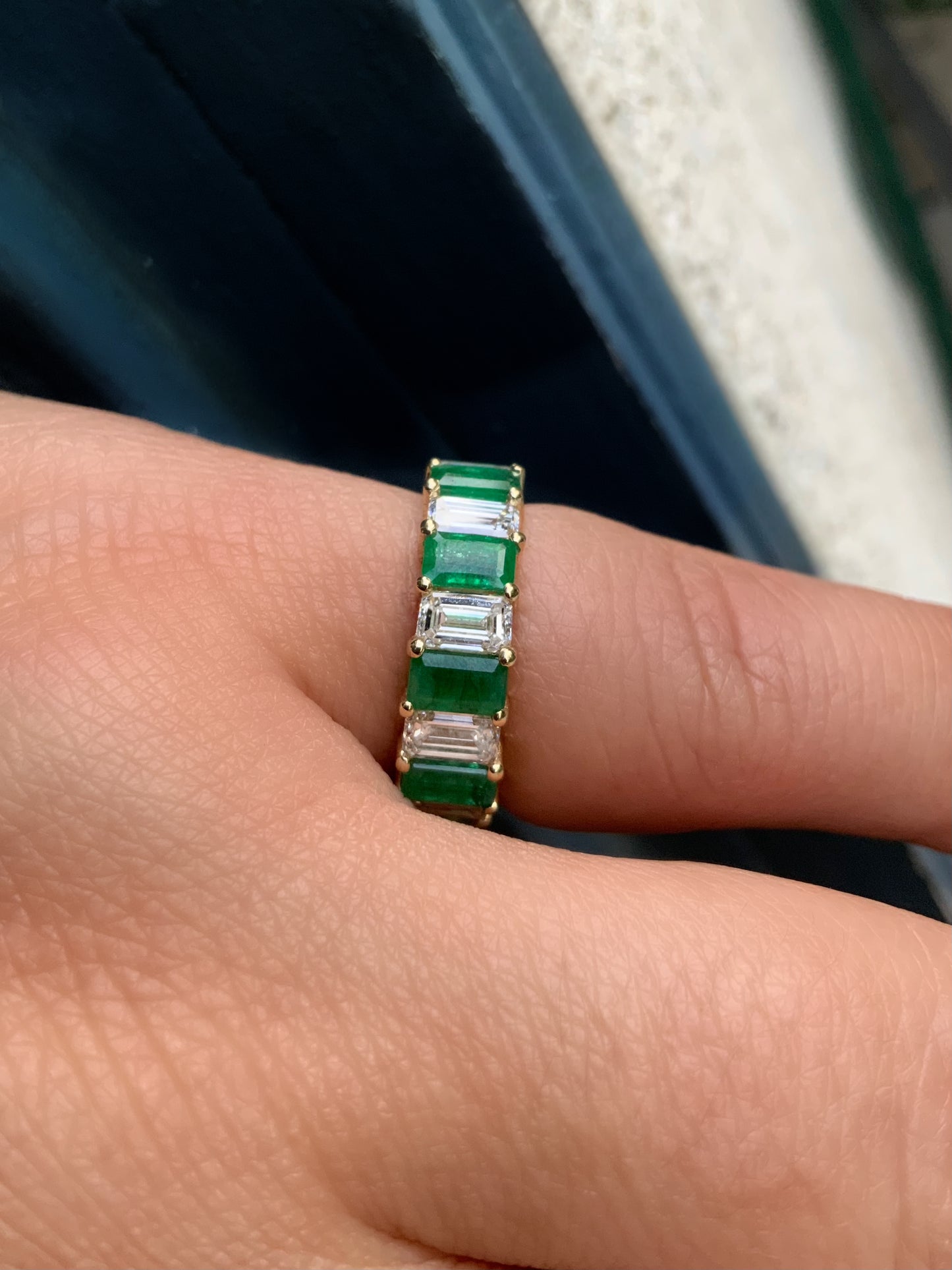Emerald Cut Emerald Diamond Eternity Ring/ Prong Set Alternating Diamond Emerald Wedding Anniversary Ring w Appraisal/ 10K 14K 18K, Platinum