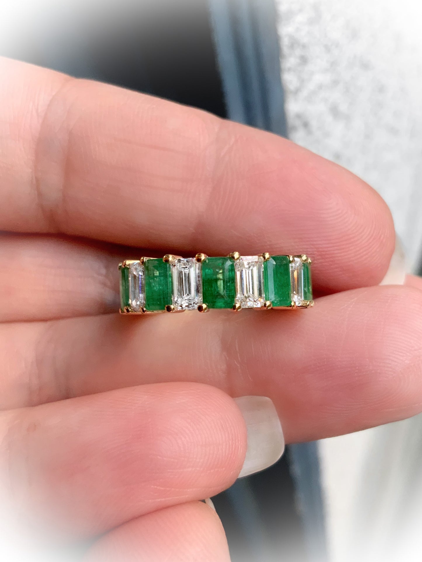 Emerald Cut Emerald Diamond Eternity Ring/ Prong Set Alternating Diamond Emerald Wedding Anniversary Ring w Appraisal/ 10K 14K 18K, Platinum