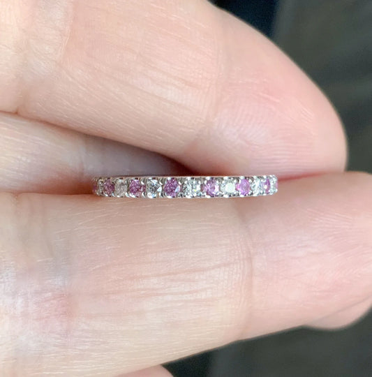 Pink Sapphire Diamond Ring/ Natural Diamond Sapphire Alternating 2mm Band/ Micro Pave Half Eternity Wedding Stack Ring/ 14K, 18K or PLATINUM