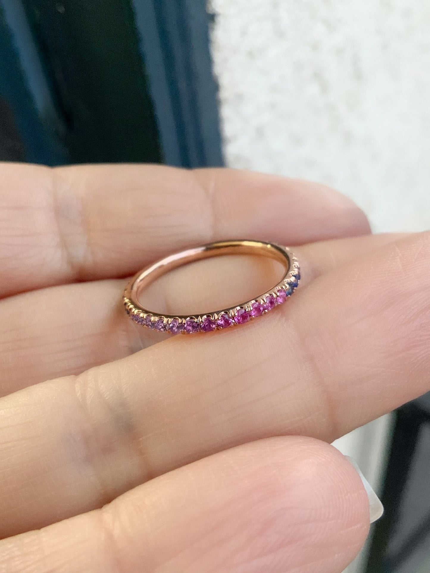 Blue Pink Sapphire Pave Band/ 2mm Full Eternity Ombré Pink Sapphire & Blue Sapphire Stacking Ring/ Mix Color Sapphire Band/ Gold or Platinum