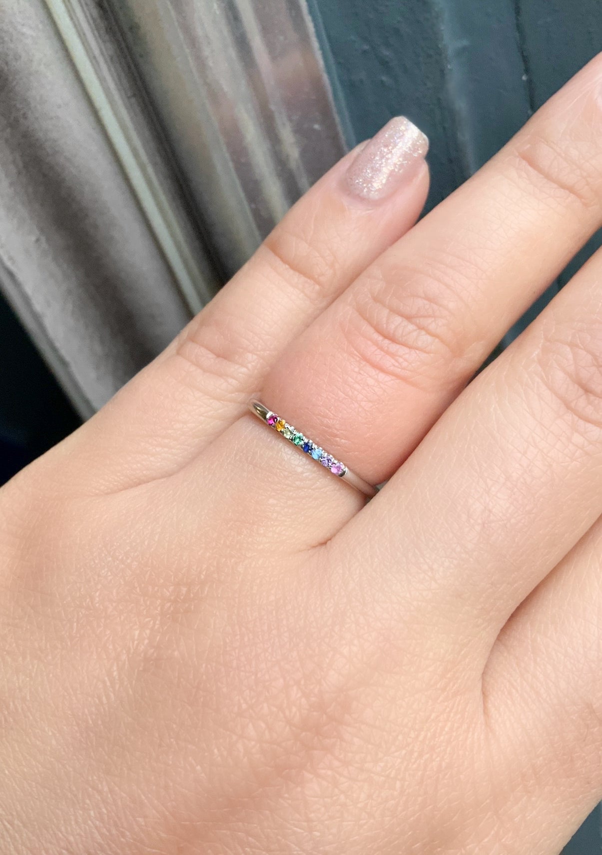 Rainbow Stacking Ring/ 1.5mm Mix Color Pave Band/ Thin Birthstone Family Ring/ Minimalist Pave Gemstone Midi Ring/ Rainbow Index or Thumb Ring