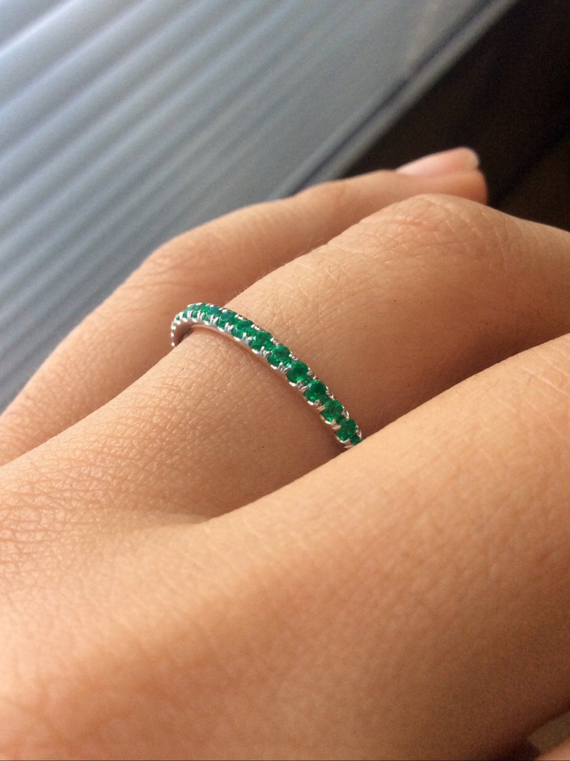 Ready to Ship 2mm Pave Half Eternity Emerald Stacking Band/ 14K White Gold, #6