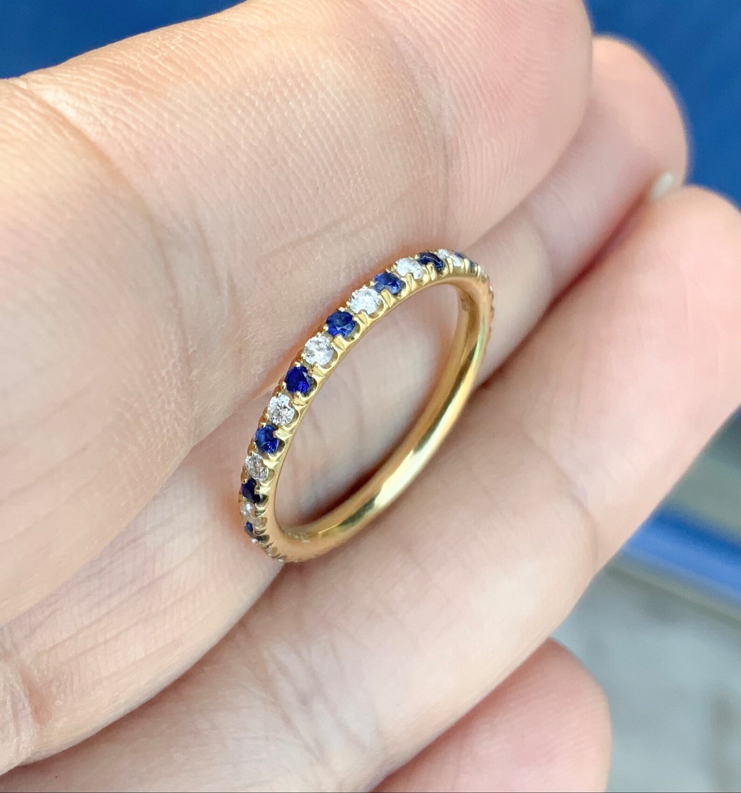 Diamond Blue Sapphire Full Eternity Band/ Alternating Sapphire Diamond 1.8mm Pave Infinity Stacking Ring/ 2 Birthstone Wedding Anniversary Ring/ Mother's Day Gift
