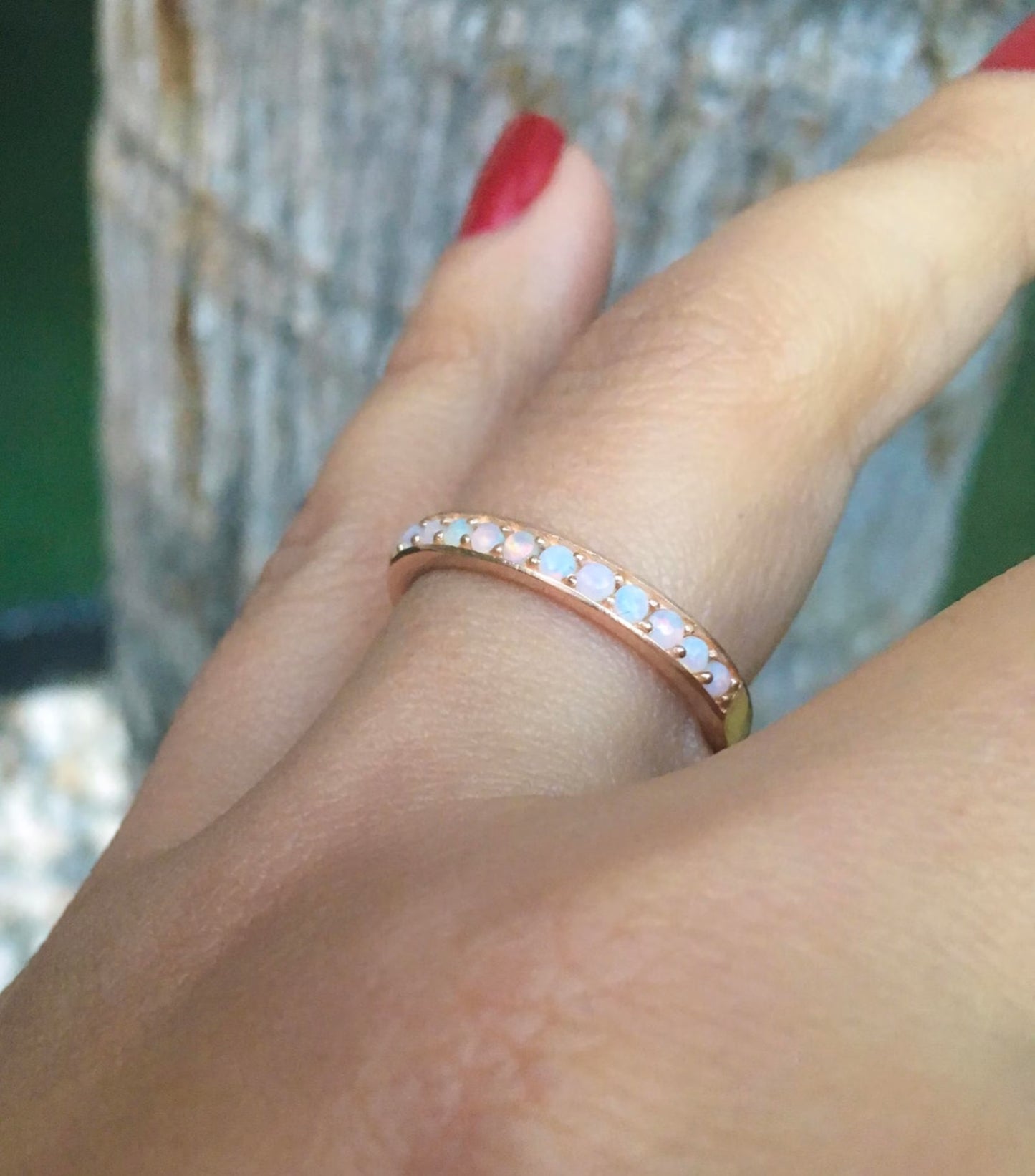 Natural Opal Half Eternity Ring/ 3mm Bright Cut, Channel Pave Set Opal Wedding, Anniversary Band/ Opal Stacking Ring/ October Birthstone Ring