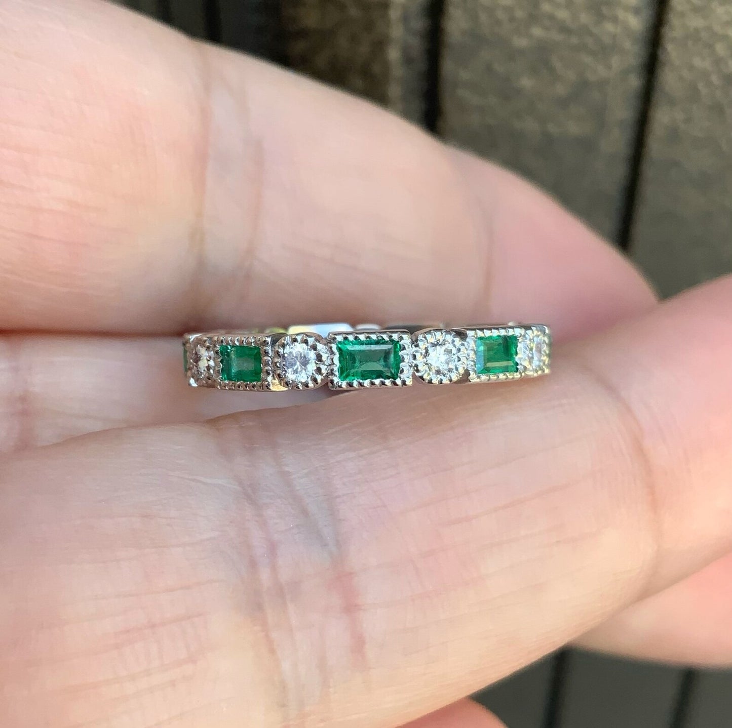 Baguette Round Diamond Emerald Ring/ 3mm Milgrain Bezel Set Baguette Emerald Band/ Alternating Diamond Emerald Baguette Dot Eternity Wedding, Anniversary Ring/ April May 2 Birthstone Stacking Ring