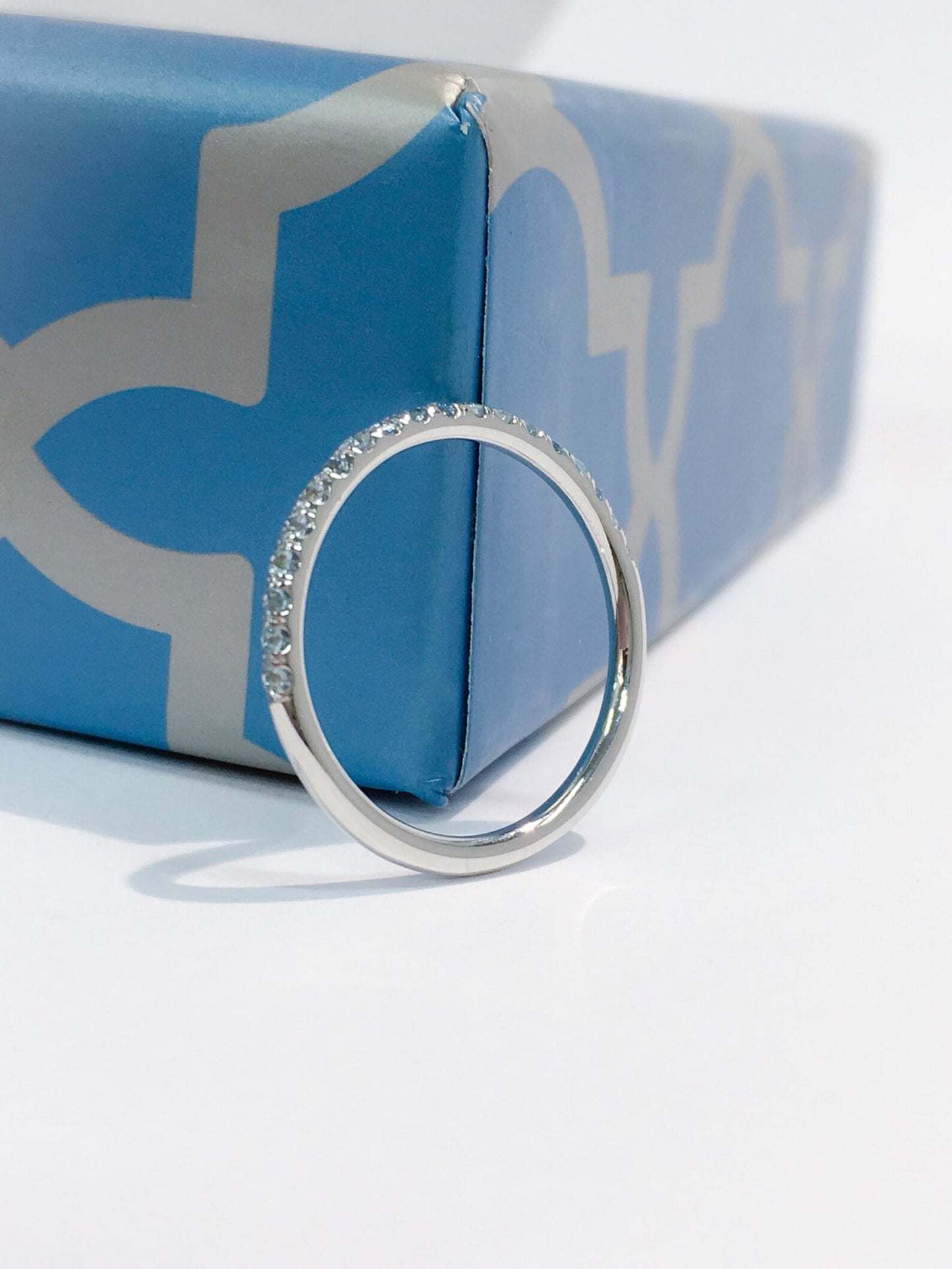Aquamarine Half Eternity Ring/ 1.5mm Aquamarine Infinity Pave Band/ Aquamarine Wedding/ 19th Anniversary Gift/ Light Blue March Birth Stack