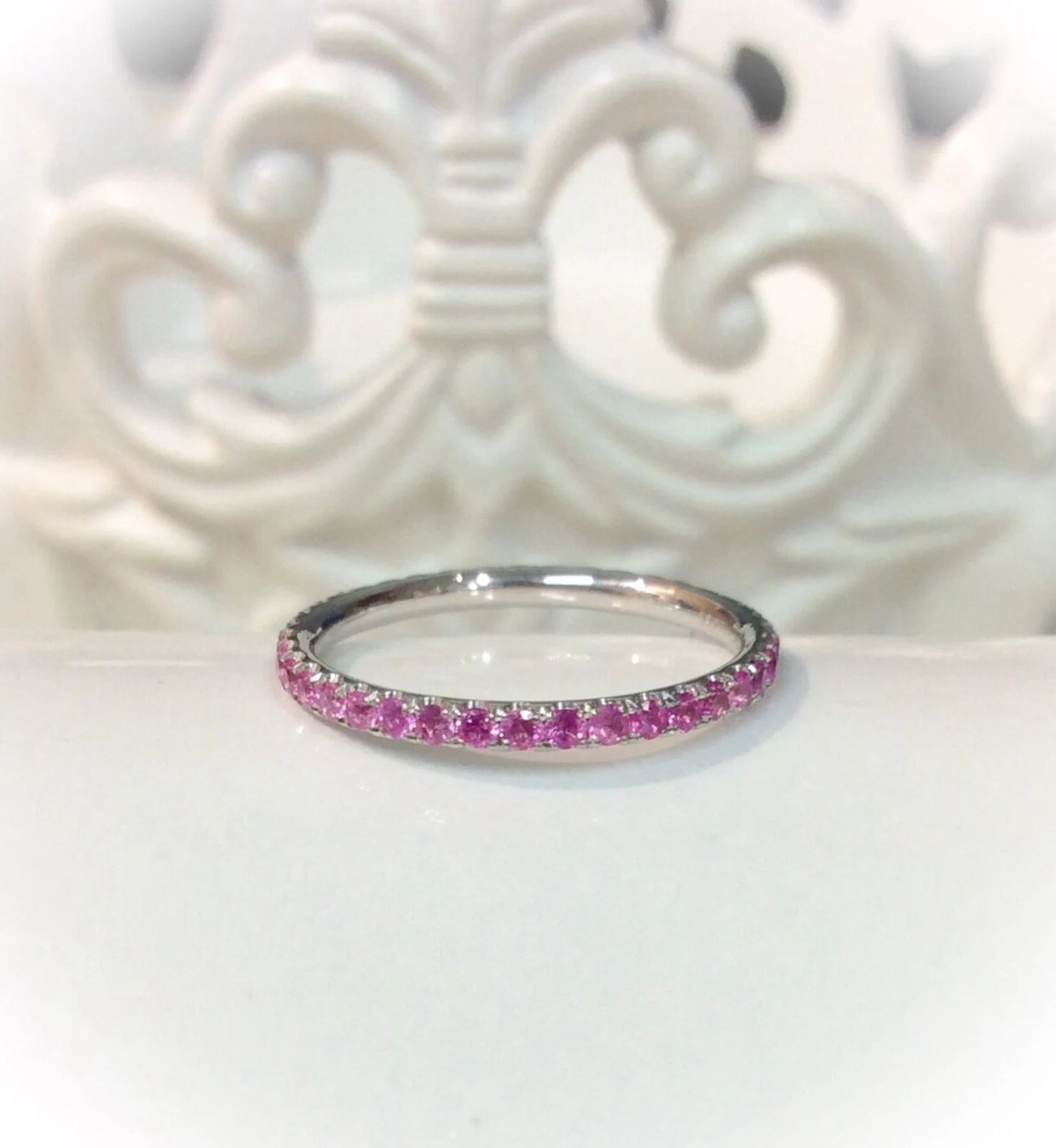 Pink Sapphire Band/ 1.5mm Pave Full Eternity Ring/ Blushing Bride Pink Sapphire Infinity Wedding Band/ September Birthstone Stacking Ring