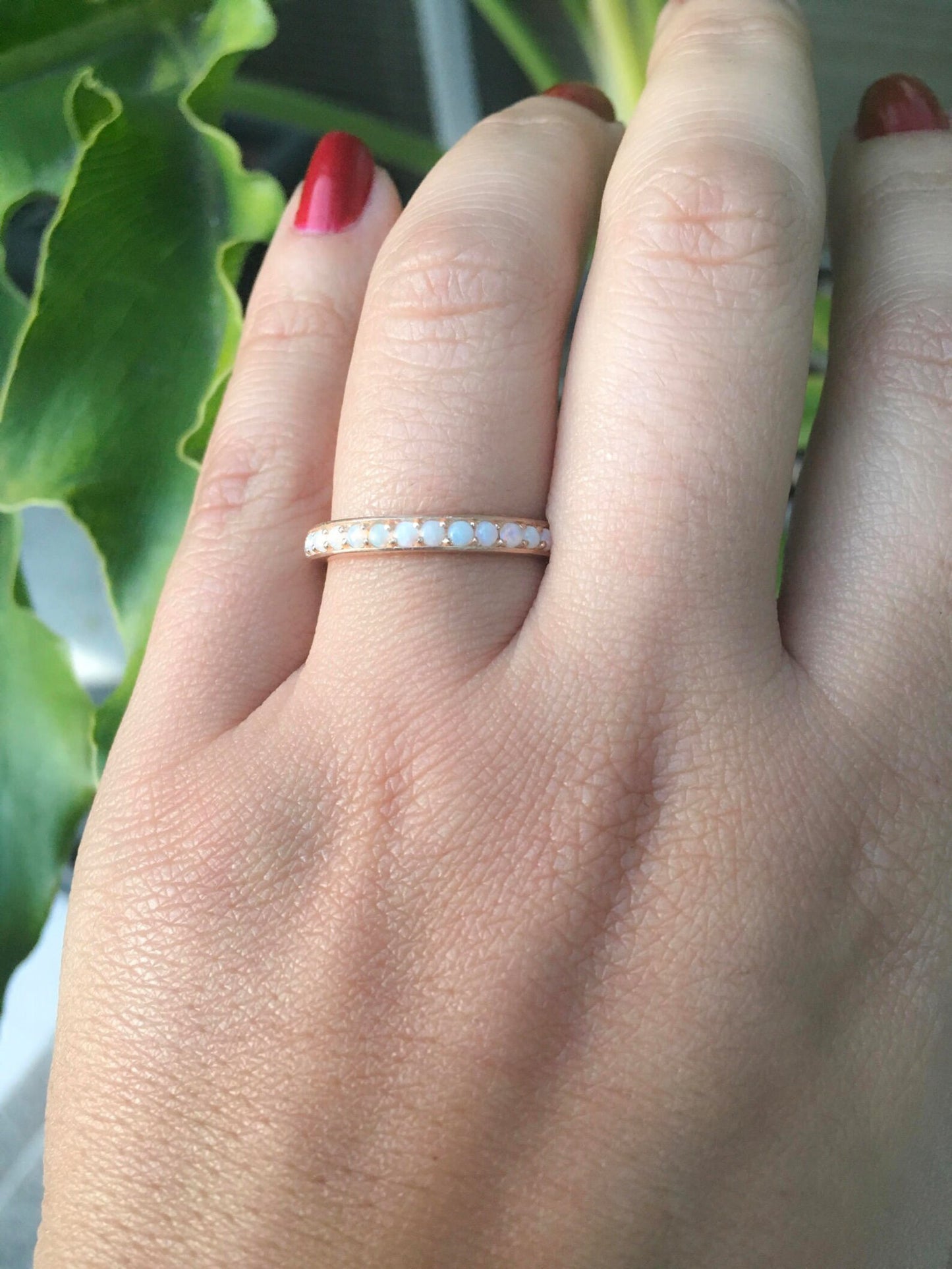 Natural Opal Half Eternity Ring/ 3mm Bright Cut, Channel Pave Set Opal Wedding, Anniversary Band/ Opal Stacking Ring/ October Birthstone Ring