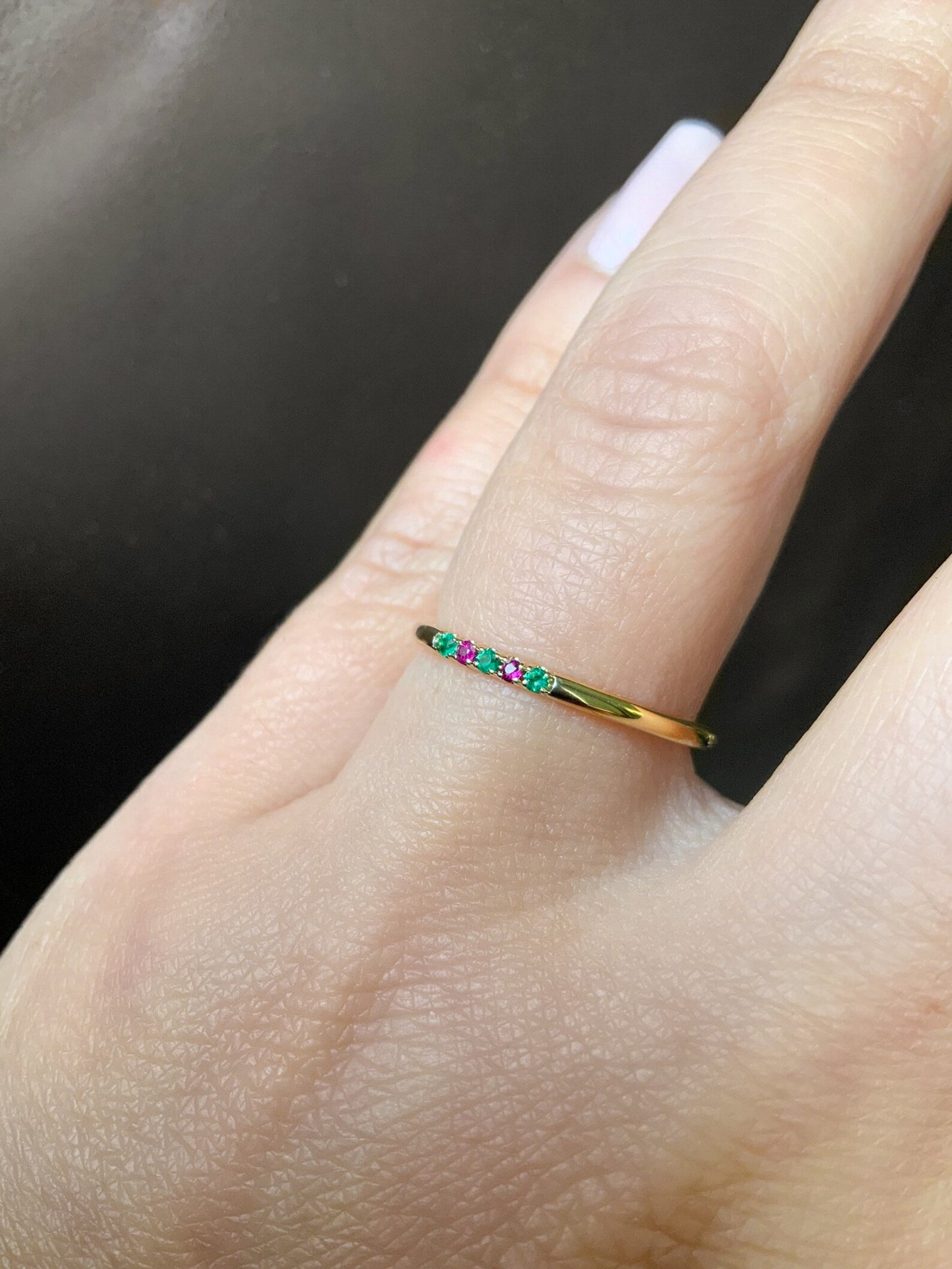 Emerald Ruby Pave Band/ 1.5mm 5 Stone Stacking Ring with Alternating Ruby Emerald/ Thin 2 Birthstone Ring/ May July Birthday Push Present