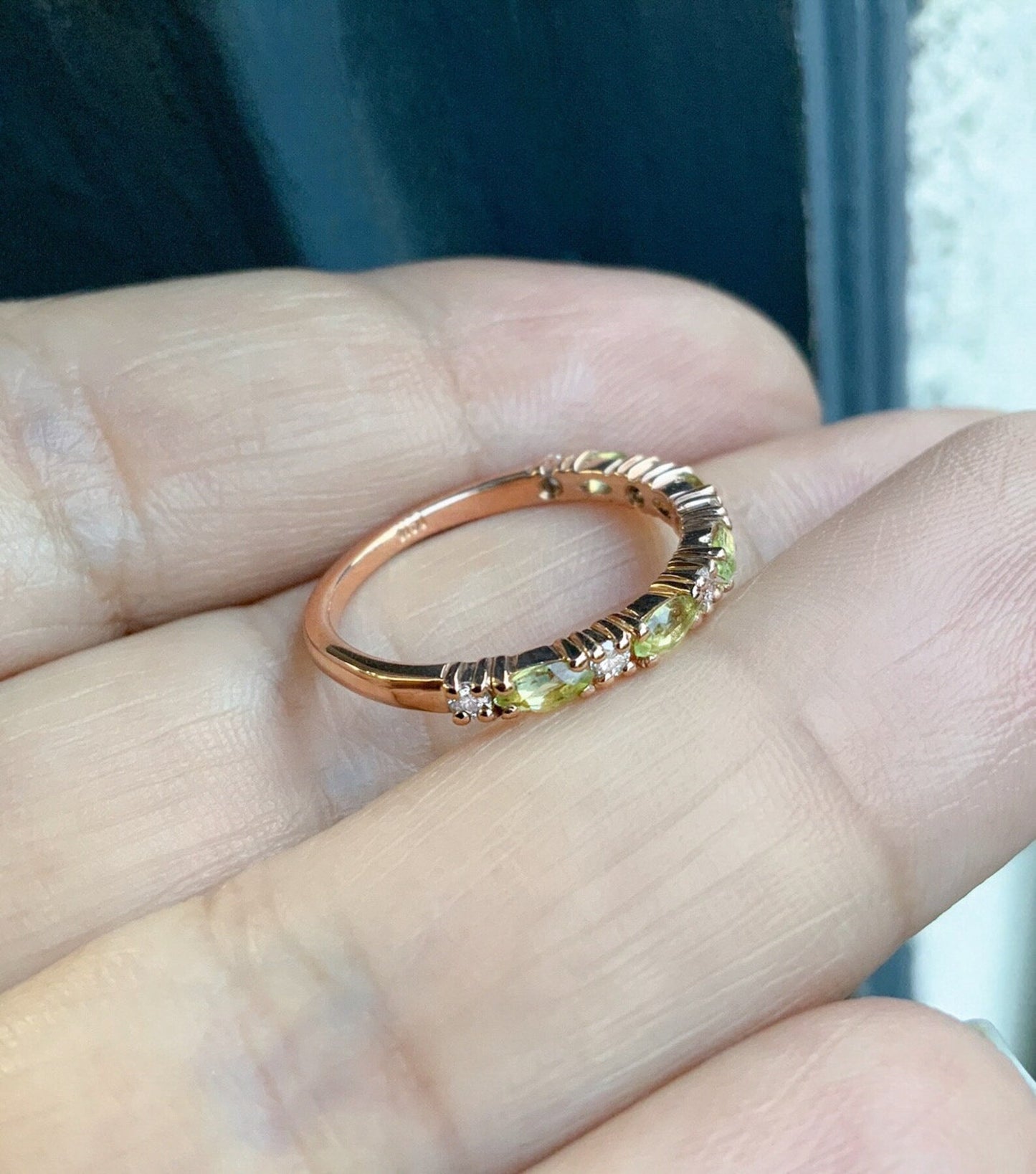 Peridot Diamond Band/ Alternating Marquise Peridot Half Eternity Stacking Ring/ August Birthstone Wedding Anniversary Ring/ Push Present