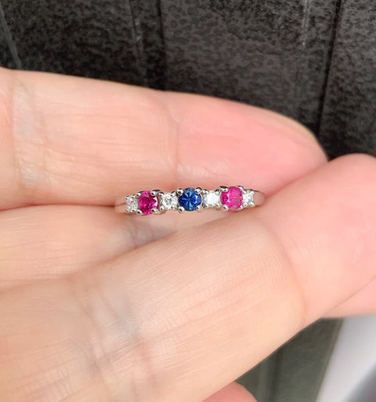 Mother's Ring/ 3 Stone Personalized Family Birthstone Ring with Diamonds/ Multi Stone Stack Ring: Blue Sapphire, Ruby