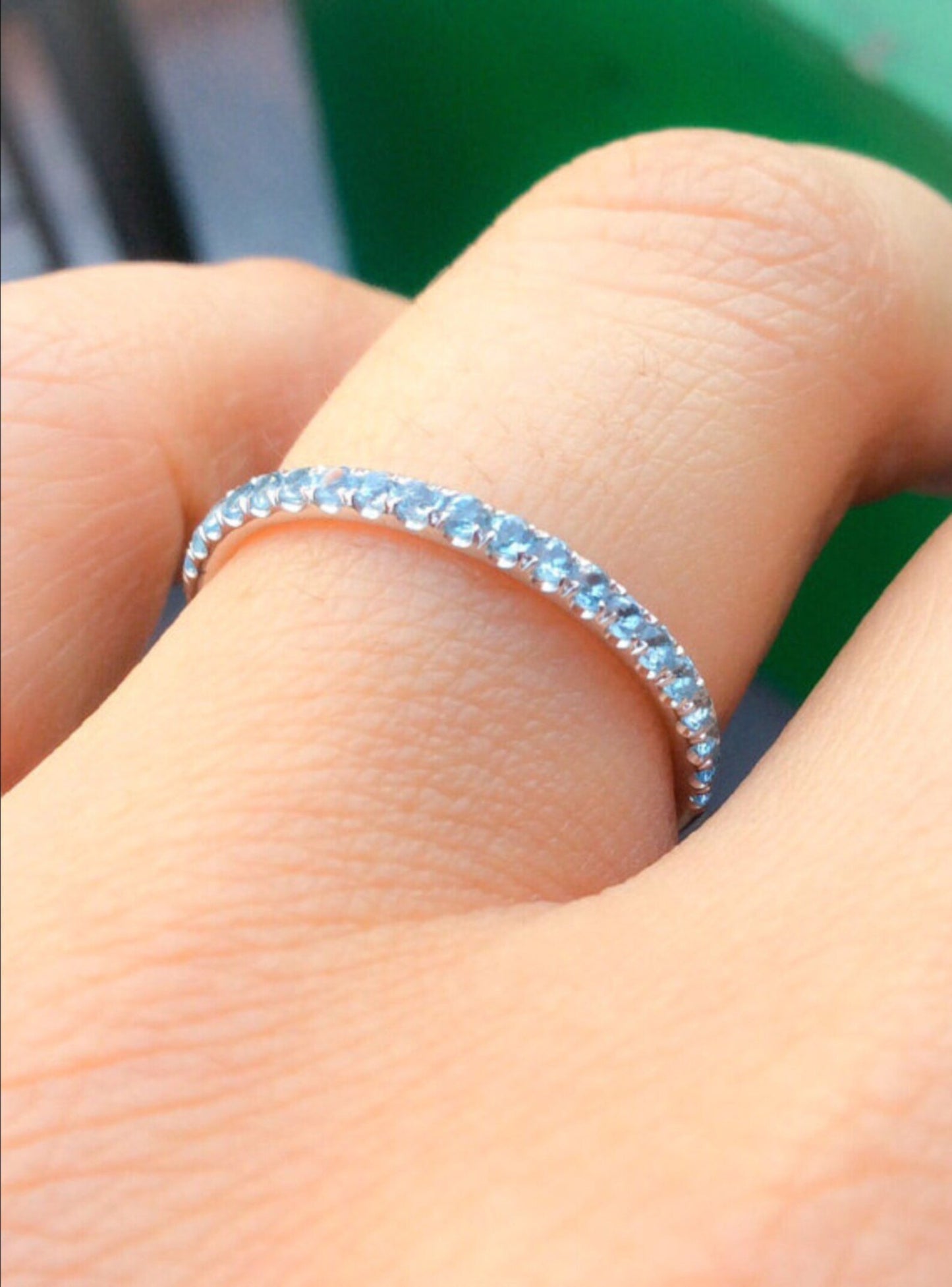 Aquamarine Half Eternity Ring/ 1.5mm Aquamarine Infinity Pave Band/ Aquamarine Wedding/ 19th Anniversary Gift/ Light Blue March Birth Stack