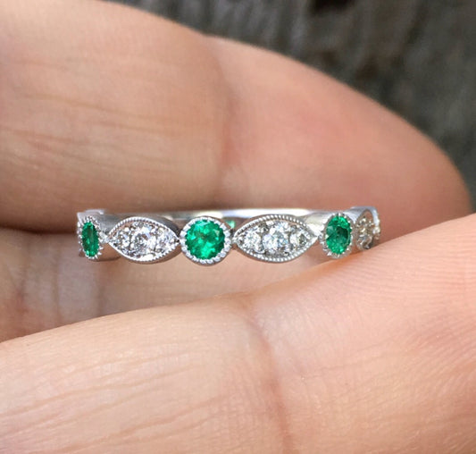 Marquise Round Emerald Diamond Band/ 3mm Milgrain Bezel Ring/ Alternating Emerald Diamond Marquise Dot Wedding, Anniversary Ring/ April May Two Birthstone Stacking Ring