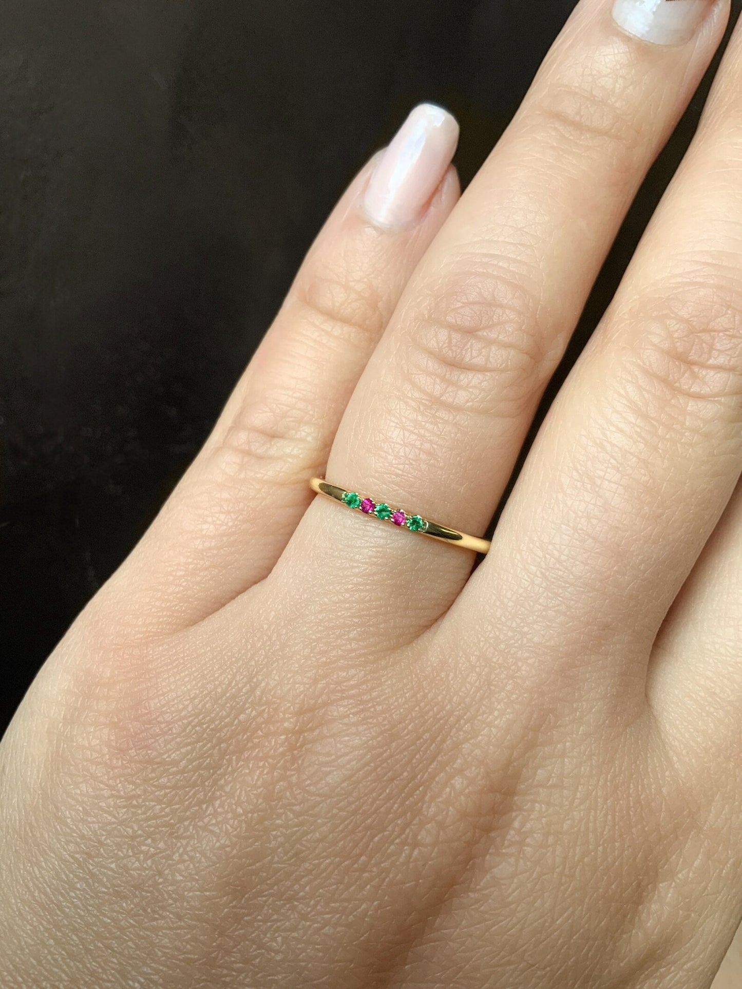 Emerald Ruby Pave Band/ 1.5mm 5 Stone Stacking Ring with Alternating Ruby Emerald/ Thin 2 Birthstone Ring/ May July Birthday Push Present