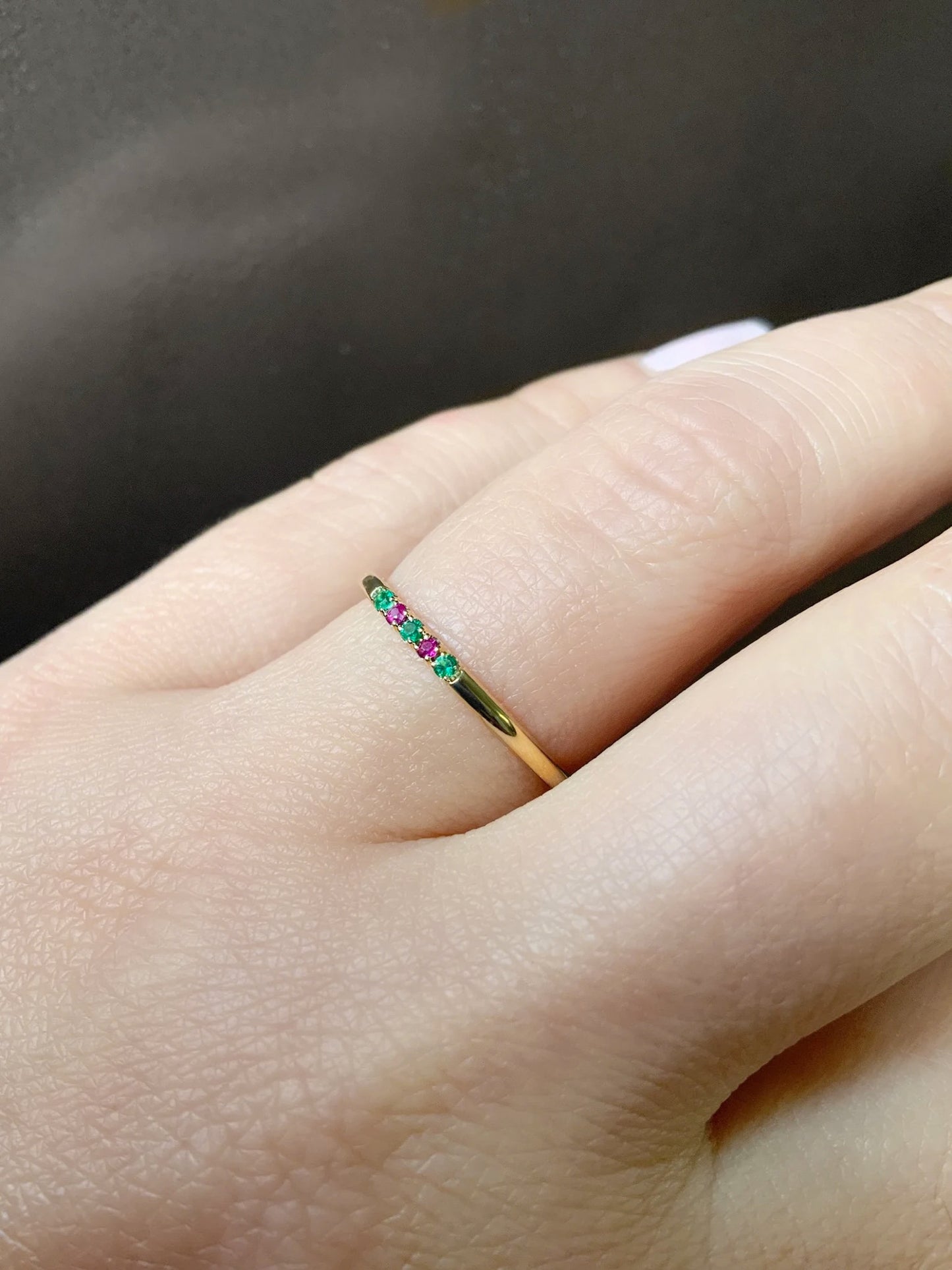 Emerald Ruby Pave Band/ 1.5mm 5 Stone Stacking Ring with Alternating Ruby Emerald/ Thin 2 Birthstone Ring/ May July Birthday Push Present