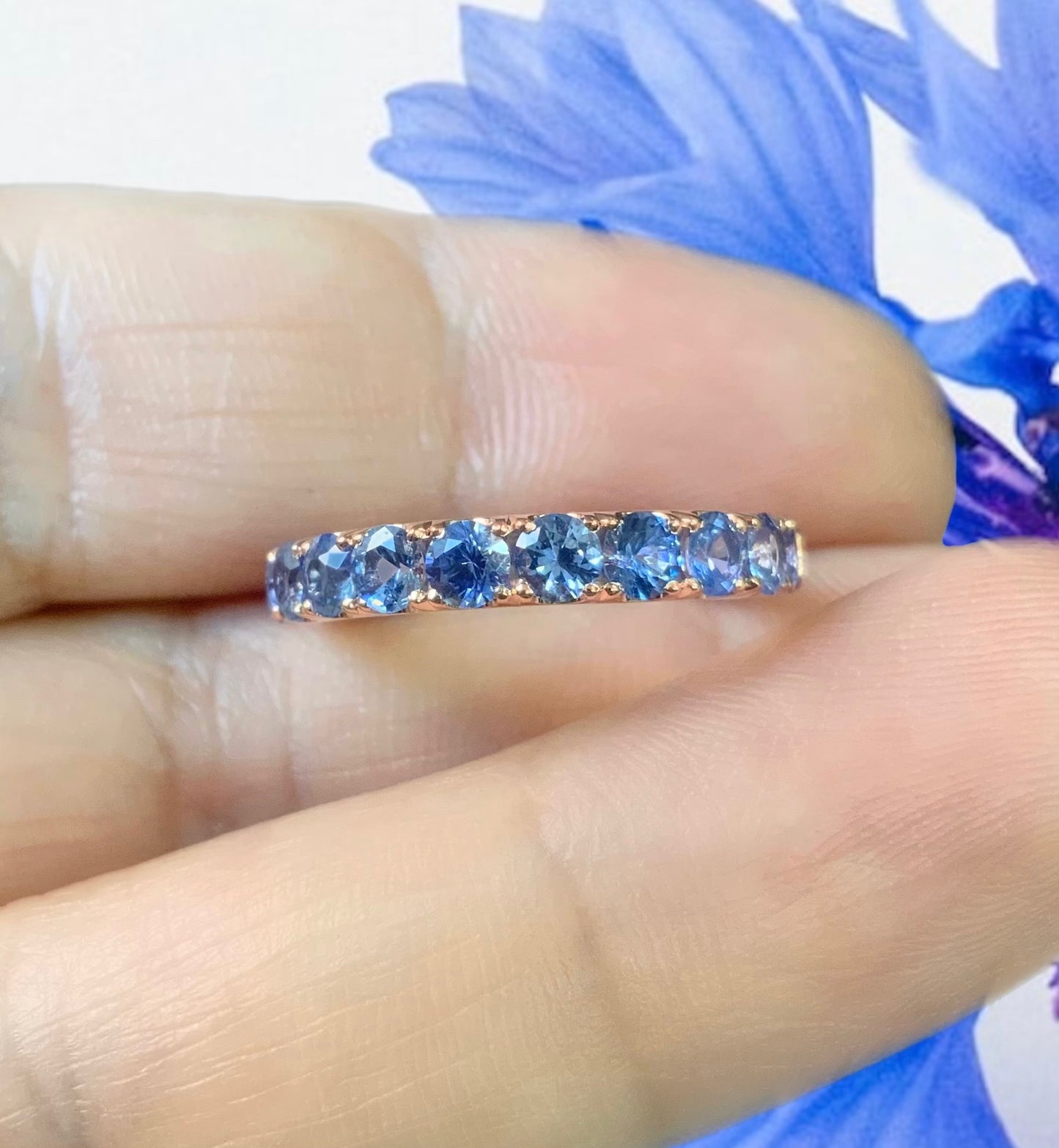 Cornflower Blue Sapphire 11 Stone Ring/ 1.65 Ct Blue Sapphire Pave Wedding Band/ September Birthstone Stacking Ring/ 14K, 18K, Platinum