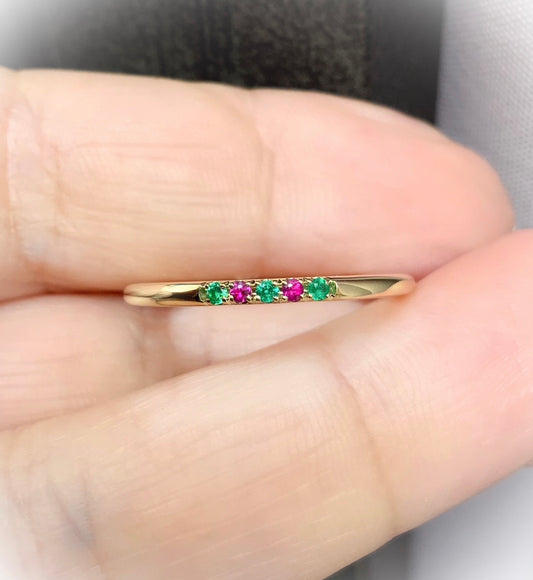 Emerald Ruby Pave Band/ 1.5mm 5 Stone Stacking Ring with Alternating Ruby Emerald/ Thin 2 Birthstone Ring/ May July Birthday Push Present