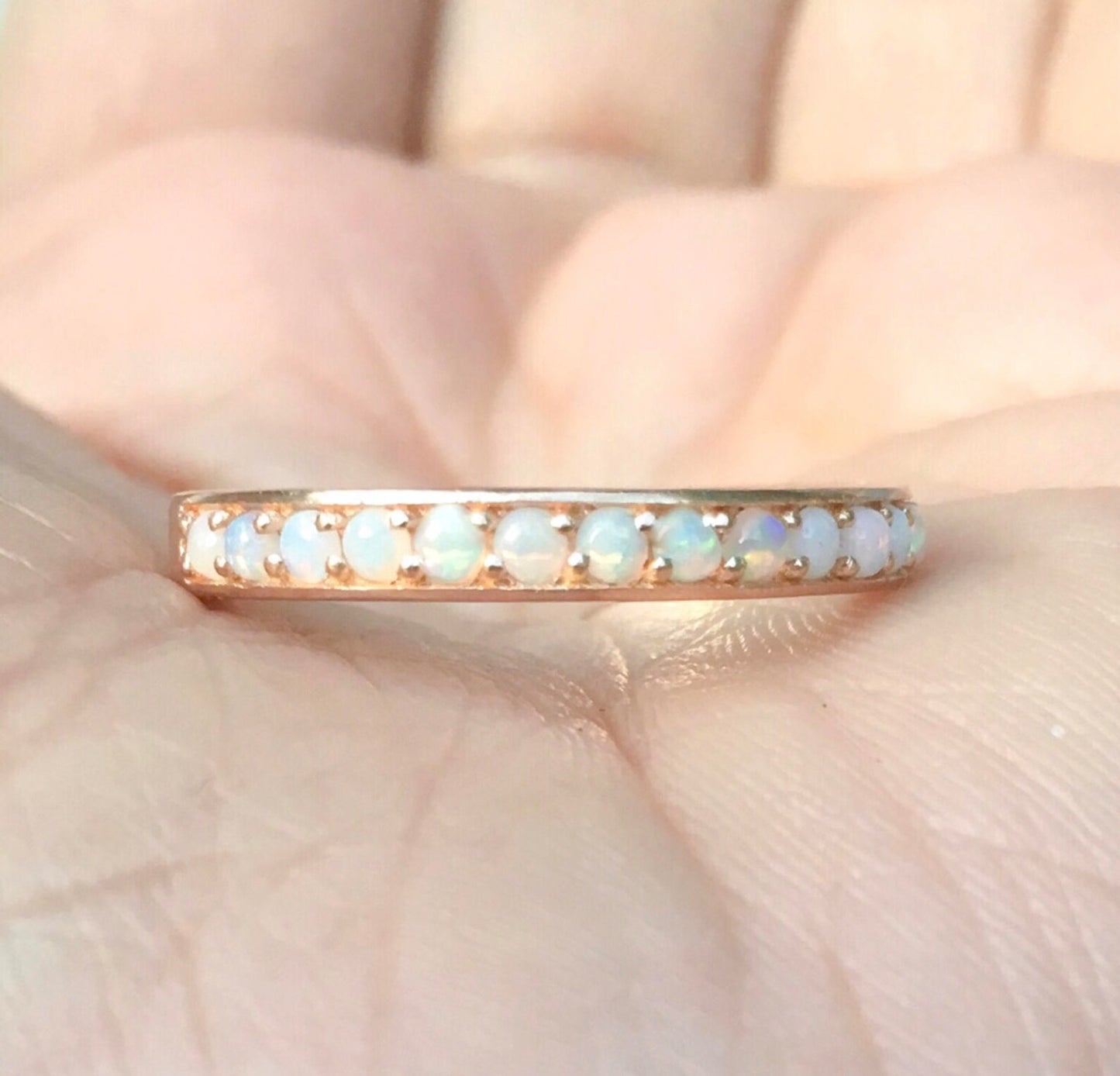 Natural Opal Half Eternity Ring/ 3mm Bright Cut, Channel Pave Set Opal Wedding, Anniversary Band/ Opal Stacking Ring/ October Birthstone Ring