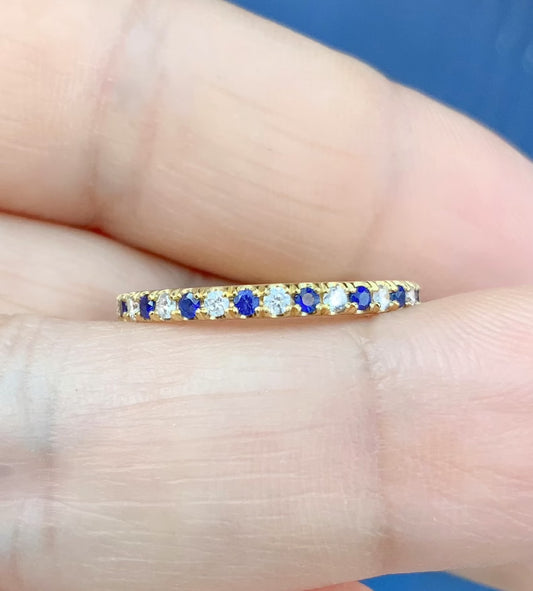 Diamond Blue Sapphire Full Eternity Band/ Alternating Sapphire Diamond 1.8mm Pave Infinity Stacking Ring/ 2 Birthstone Wedding Anniversary Ring/ Mother's Day Gift