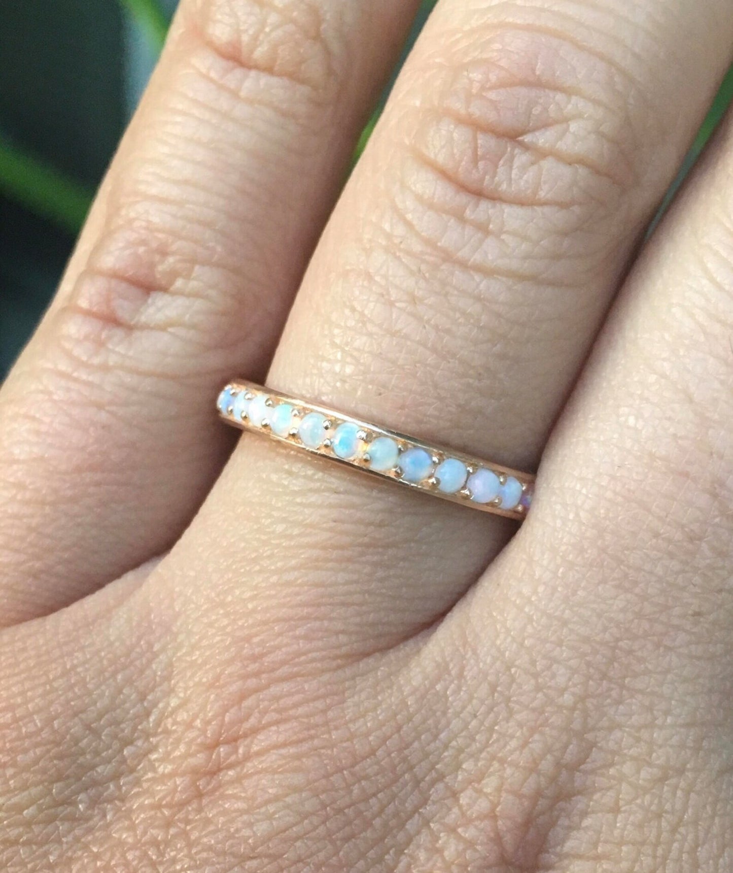 Natural Opal Half Eternity Ring/ 3mm Bright Cut, Channel Pave Set Opal Wedding, Anniversary Band/ Opal Stacking Ring/ October Birthstone Ring