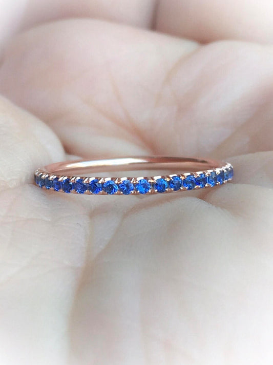 Blue Sapphire Pave Band/ 1.5mm Full Eternity Ring/ Blue Sapphire Wedding Anniversary Ring/ Sapphire Stacking Guard Ring/ September Infinity Ring/ Gold or Platinum