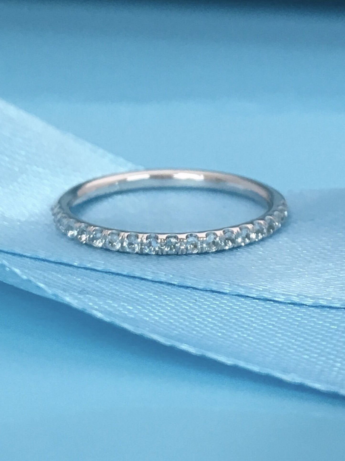 Aquamarine Half Eternity Ring/ 1.5mm Aquamarine Infinity Pave Band/ Aquamarine Wedding/ 19th Anniversary Gift/ Light Blue March Birth Stack