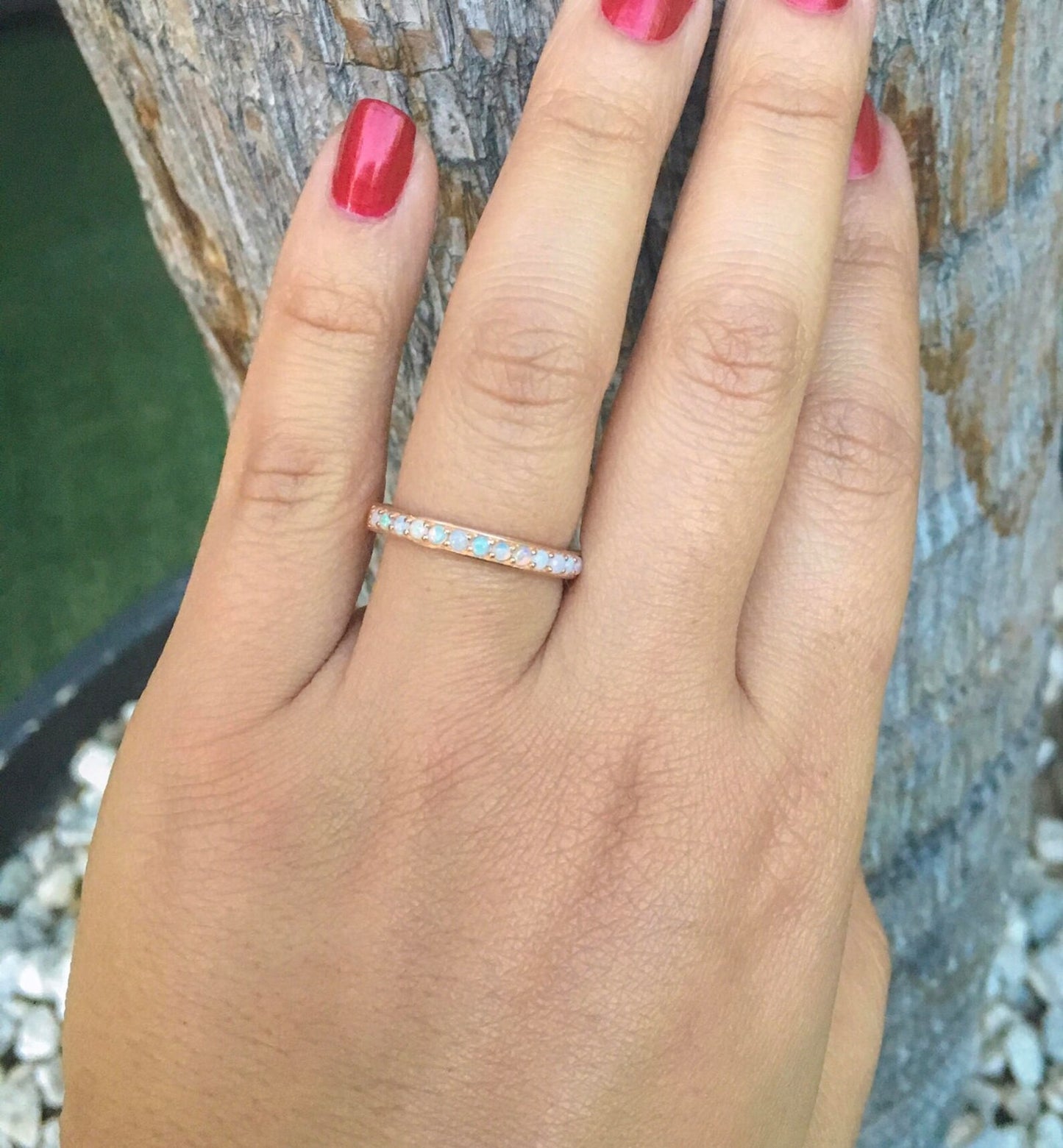 Natural Opal Half Eternity Ring/ 3mm Bright Cut, Channel Pave Set Opal Wedding, Anniversary Band/ Opal Stacking Ring/ October Birthstone Ring