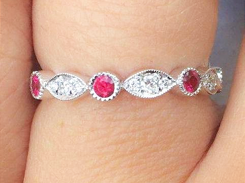 3mm Marquise Dot Diamond and Ruby Ring