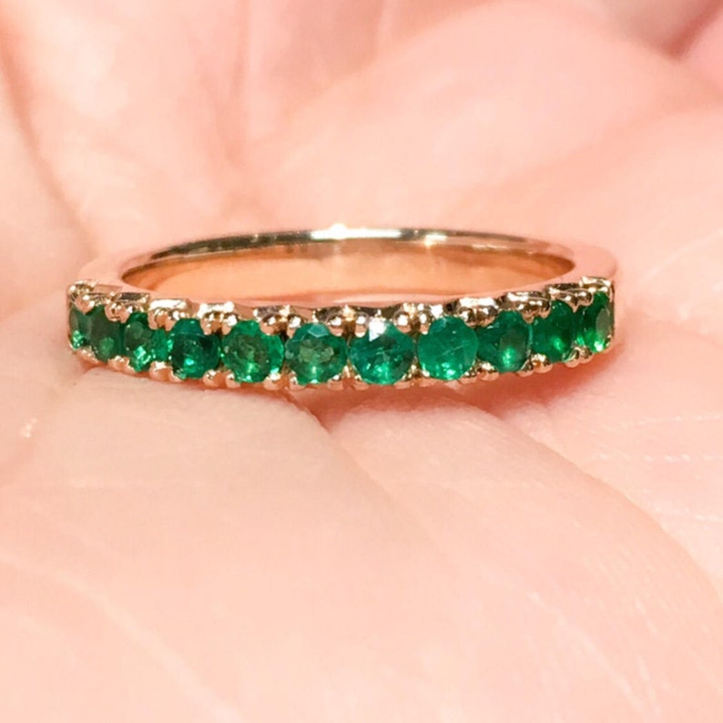 French Pave Emerald Ring/ 11 Stone Emerald Band/ 2.7mm Fishtail Emerald Stacking Ring/ May Birthstone, Anniversary Ring/ Gold or Platinum
