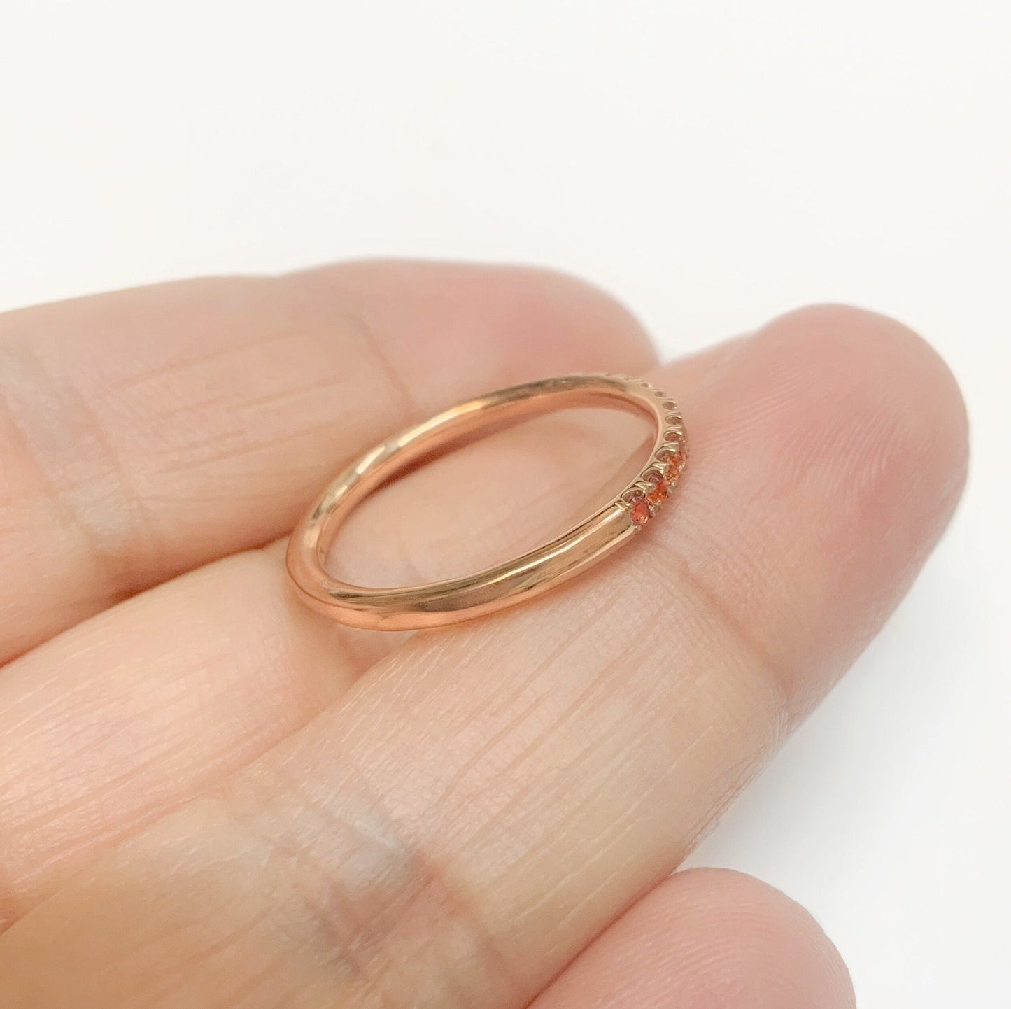 Orange Sapphire Pave Ring/ Half Eternity Wedding Guard Ring/ Orange Sapphire Stacking Ring/ 2mm Padparadscha Sapphire Anniversary Stack Ring