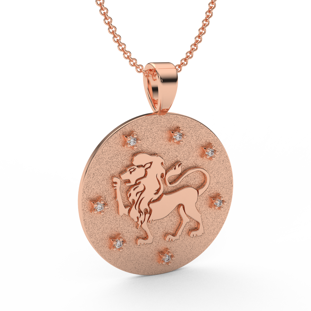 LEO Zodiac Coin Necklace - 18 MM Horoscope Sign Round Disk Medallion - Astrological Amulet - 2-Sided with 7 Diamond Stars
