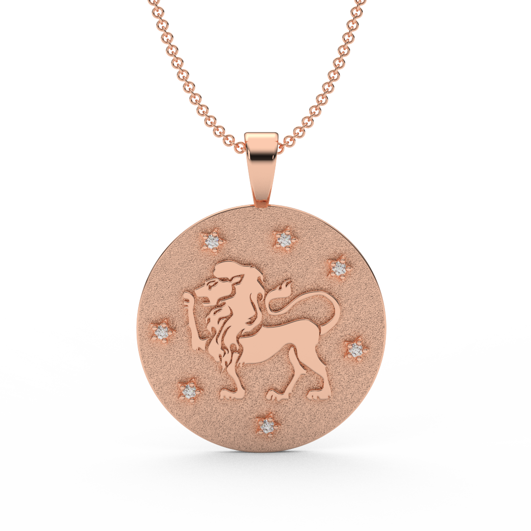 LEO Zodiac Coin Necklace - 18 MM Horoscope Sign Round Disk Medallion - Astrological Amulet - 2-Sided with 7 Diamond Stars
