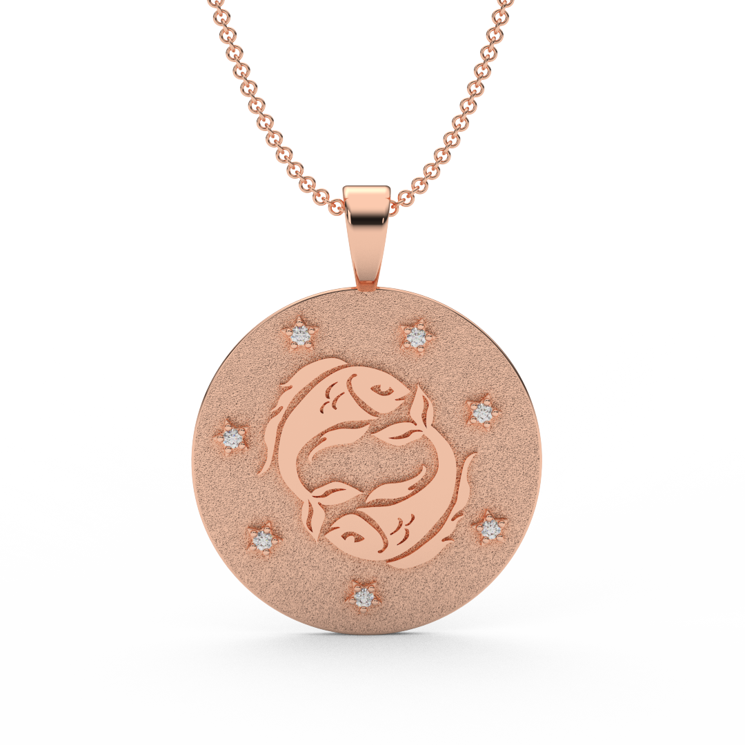 PISCES Zodiac Coin Necklace - 18 MM Horoscope Sign Round Disk Medallion - Astrological Amulet - 2-Sided with 7 Diamond Stars