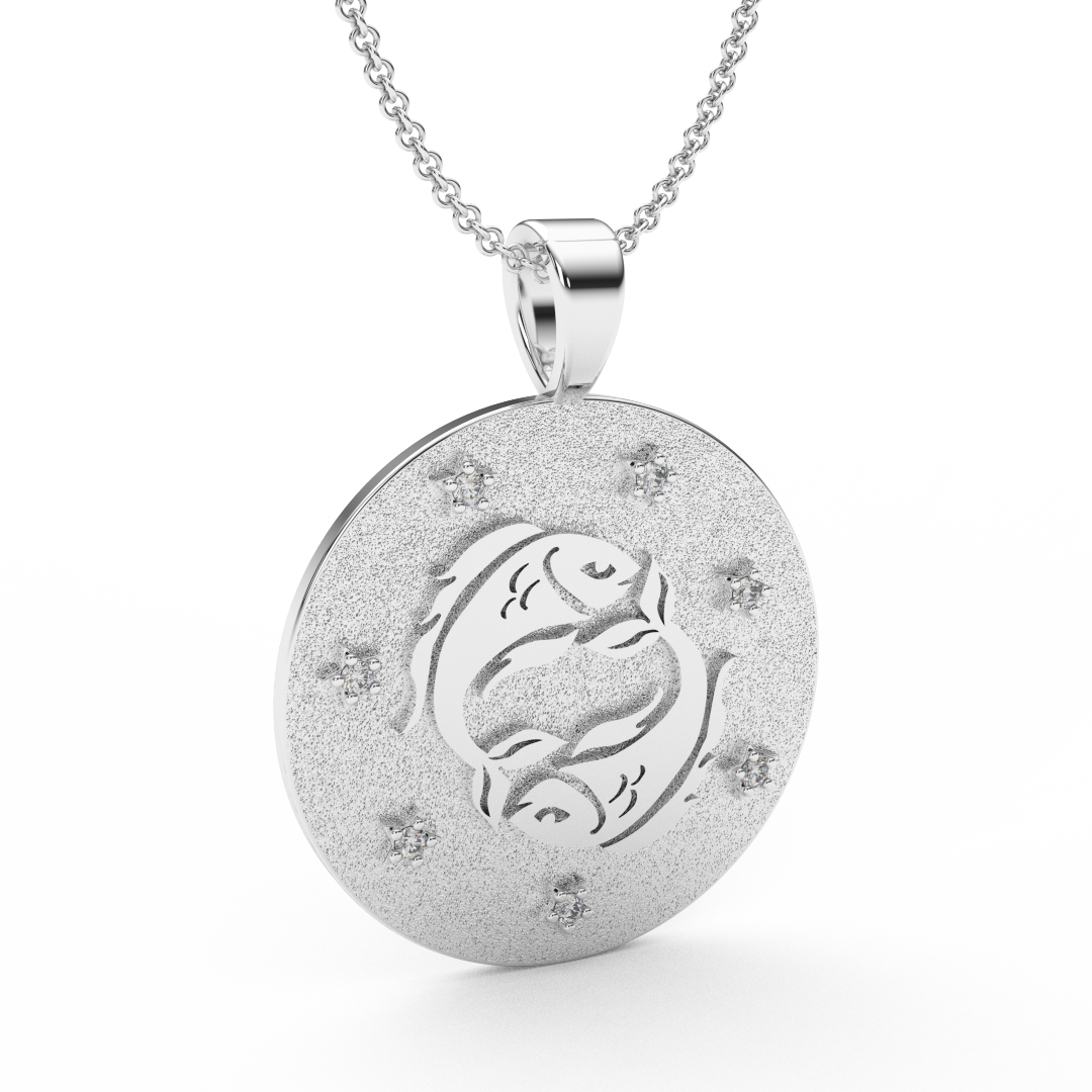PISCES Zodiac Coin Necklace - 18 MM Horoscope Sign Round Disk Medallion - Astrological Amulet - 2-Sided with 7 Diamond Stars