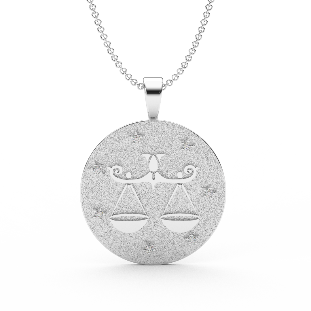 LIBRA Zodiac Coin Necklace - 18 MM Horoscope Sign Round Disk Medallion - Astrological Amulet - 2-Sided with 7 Diamond Stars